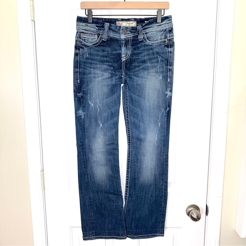 BKE Women's Blue Boot Cut Distressed Jeans Buckle